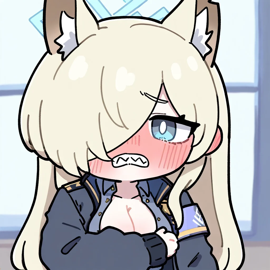 1girl, kanna \(blue archive\), chibi, chibi, solo, embarrassed, from front, teeth, looking to the side, shy, full-face blush, one hand covering breasts, white pupils, floating hearts, indoors, cleavage, unbuttoned, upper body, best quality, amazing quality, best finished, <lora:NAImiyao:1>