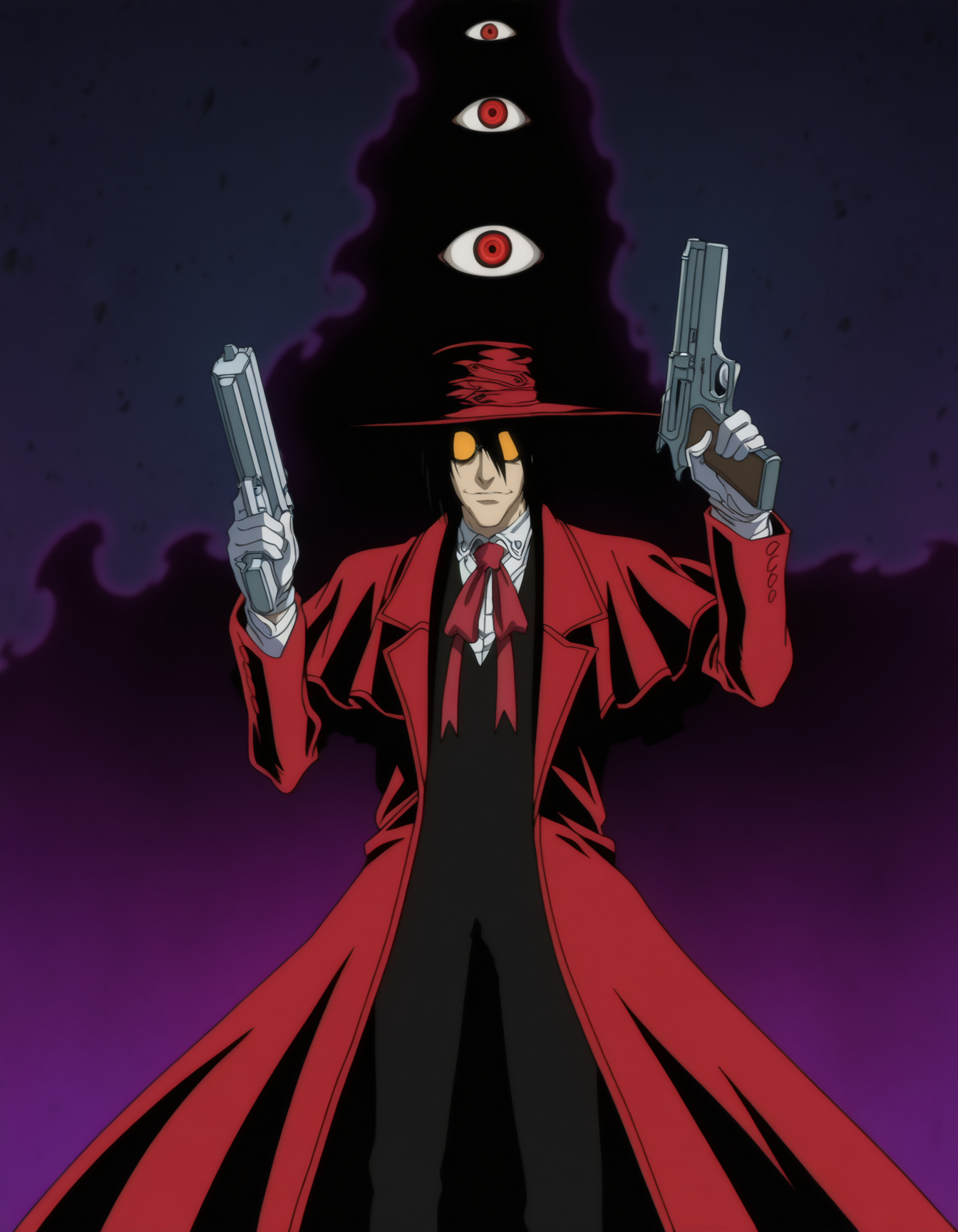 masterpiece, absurdres, best quality, refined digital art, art by artist,
1boy, alucard, hellsing, hat, jacket, white shirt, sunglasses,pointing gun, detailed large pistol, trigger discipline, dark magic, dark energy is swirling around the scenery, extra eyes, red eyes, cinematic,
anime screencap, character art, 1other, dark silhouette, 
<lora:Hellsing classic Illustrious:0.5>