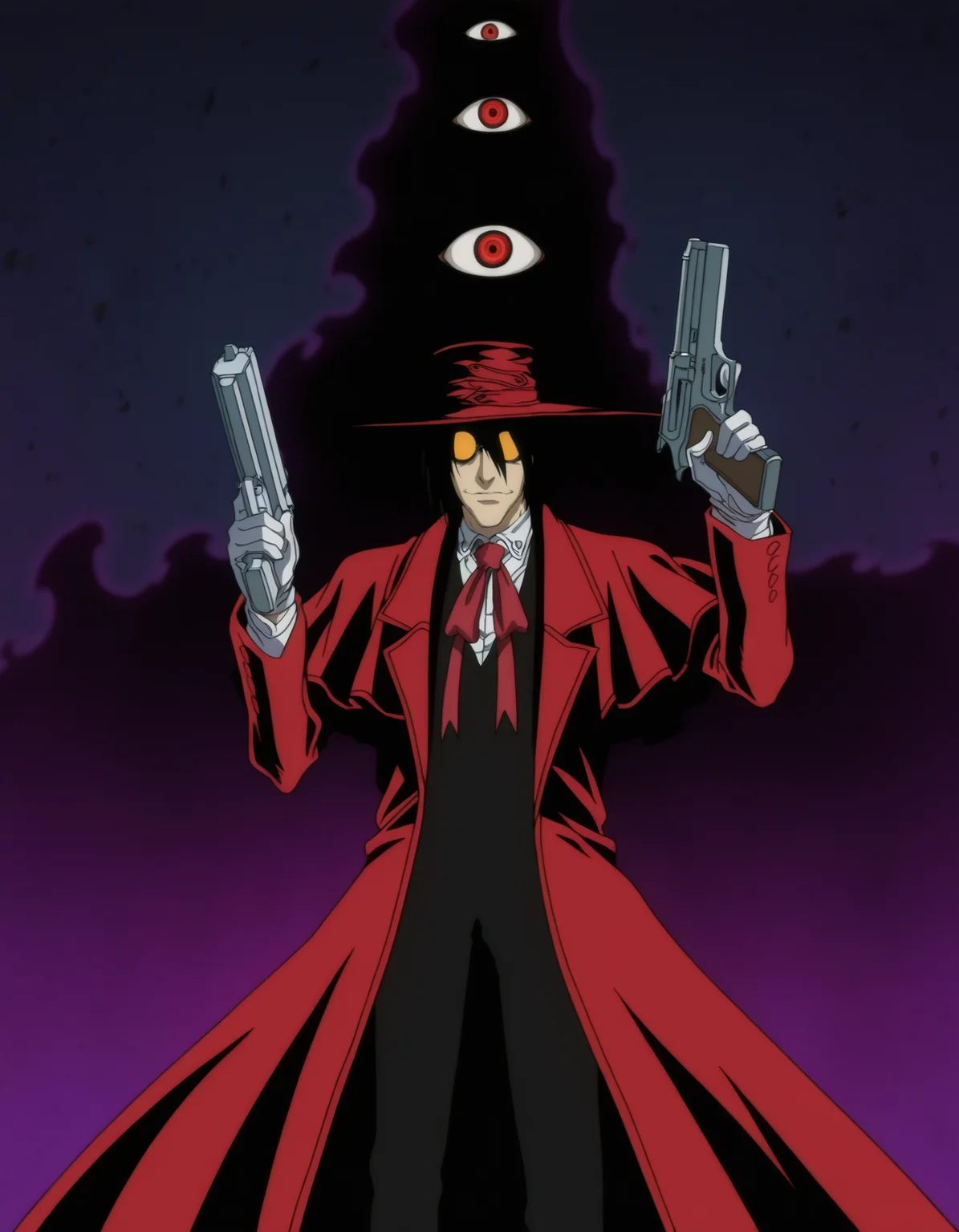 masterpiece, absurdres, best quality, refined digital art, art by artist,
1boy, alucard, hellsing, hat, jacket, white shirt, sunglasses,pointing gun, detailed large pistol, trigger discipline, dark magic, dark energy is swirling around the scenery, extra eyes, red eyes, cinematic,
anime screencap, character art, 1other, dark silhouette,
<lora:Hellsing classic Illustrious:0.5>