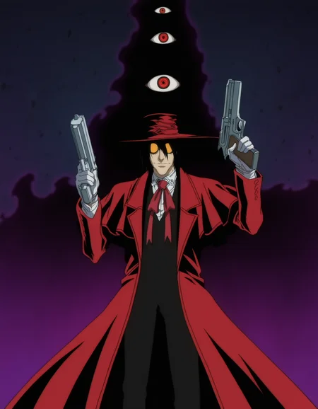 masterpiece, absurdres, best quality, refined digital art, art by artist,
1boy, alucard, hellsing, hat, jacket, white shirt, sunglasses,pointing gun, detailed large pistol, trigger discipline, dark magic, dark energy is swirling around the scenery, extra eyes, red eyes, cinematic,
anime screencap, character art, 1other, dark silhouette,
<lora:Hellsing classic Illustrious:0.5>
