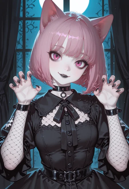newest, volumetric lighting,  1girl, solo, goth girl, pink hair, bob cut, pale skin, cat girl, black cat ears, magenta eyes,  eyeliner, eyelashes, smiling, head tilt, indoors, cat pose, sharp nails, hands up, gothic dress, choker, fishnets, subtle black lipstick, no outline, no lineart, night, moonlight,  curtains,masterpiece, very aesthetic, absurdres, best quality, amazing quality, high-resolution image, highres, ultra-detailed,detailed eyes,
<lora:å·¥å·\noobai_vpred_1_masterpieces_v23.safetensors:1.0:1.0>
<lora:é£æ ¼\MoriiMee_Gothic_Niji_Style_Illustrious_r1.safetensors:0.8:1.0>
<lora:é£æ ¼\CunnyfunkyV2.0.safetensors:0.6:1.0>