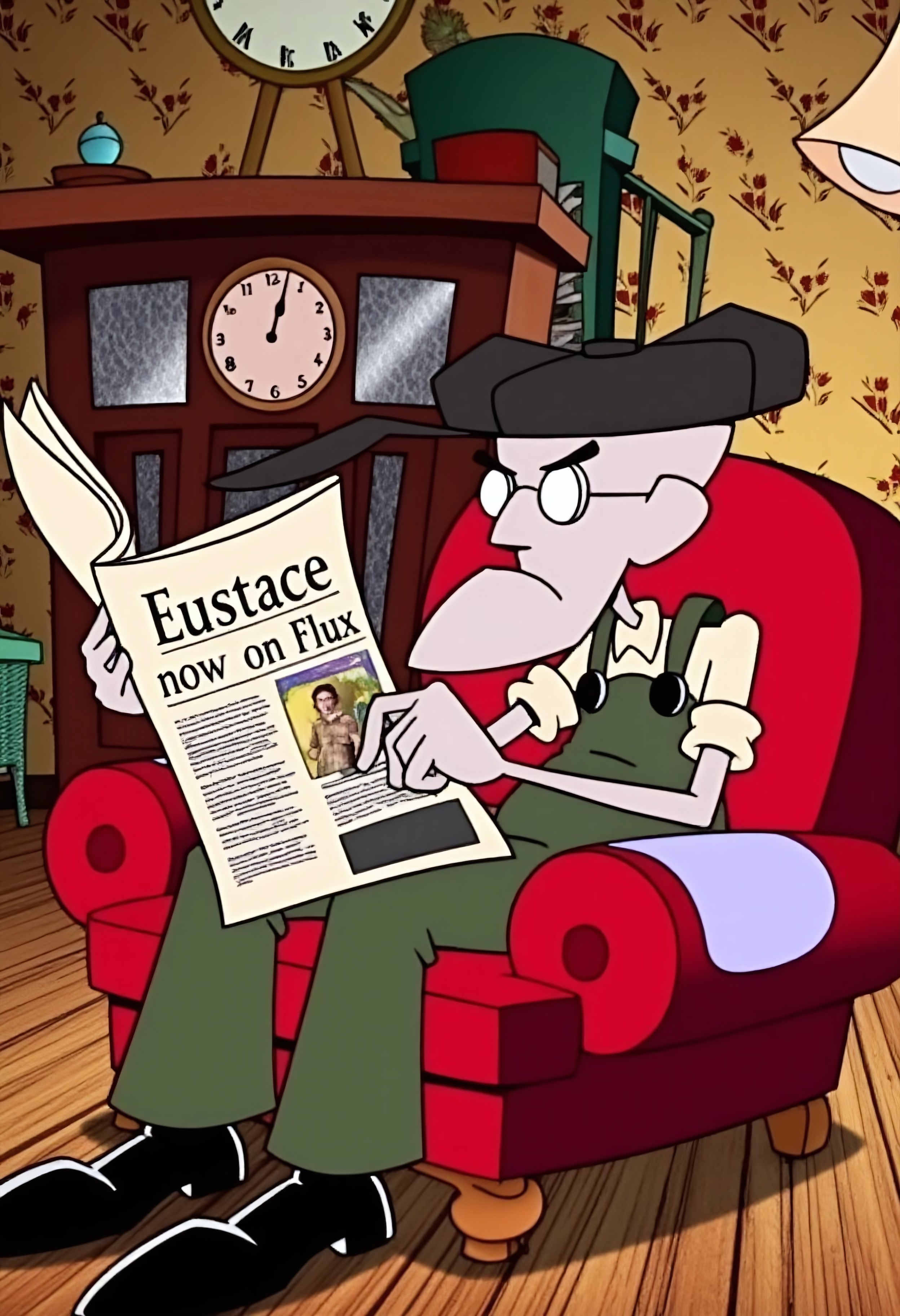 Create an image of Eustace Bagge from Courage the Cowardly Dog sitting in a comfy red armchair, reading the newspaper. He’s wearing his usual grumpy expression, glasses perched on his nose, and a casual shirt. The newspaper headline reads 'Eustace now on Flux' in bold, with an article featuring a picture of Eustace looking annoyed. The room around him is cozy, with a warm light casting a calm, domestic atmosphere. Eustace is absorbed in the paper, seemingly uninterested in the headlines, adding a humorous contrast to the unusual announcement. The background is filled with vintage furniture, a clock, and perhaps a few plants, giving the scene a quaint, homely feel