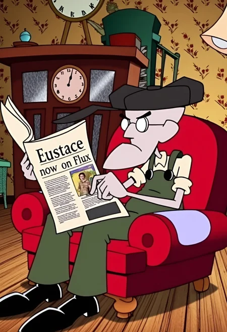 Create an image of Eustace Bagge from Courage the Cowardly Dog sitting in a comfy red armchair, reading the newspaper. He’s wearing his usual grumpy expression, glasses perched on his nose, and a casual shirt. The newspaper headline reads 'Eustace now on Flux' in bold, with an article featuring a picture of Eustace looking annoyed. The room around him is cozy, with a warm light casting a calm, domestic atmosphere. Eustace is absorbed in the paper, seemingly uninterested in the headlines, adding a humorous contrast to the unusual announcement. The background is filled with vintage furniture, a clock, and perhaps a few plants, giving the scene a quaint, homely feel