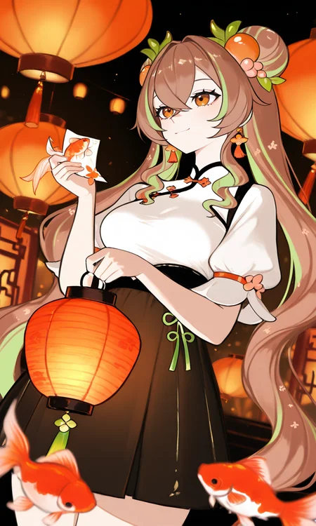 masterpiece,best quality,absurdres,very aesthetic,very awa,highres,newest,year 2024,year 2023,<lora:add-detail-xl:0.9>,<lora:illustrious_best_quality_v1:0.8>,<lora:xmc_v0.3_noobai_cwhj:0.8>,<lora:Periru_Vtuber:1>,PeriruILXL,virtual youtuber,multicolored hair,brown hair,green hair,hair ornament,food-themed hair ornament,brown eyes,hair between eyes,dynamic background,detailed,dynamic_angle,best eyes,best hands,very long hair,
1girl,solo,long hair,happy,closed mouth,medium breasts,hair bun,double bun,horns,blunt bangs,looking at object,looking at lantern,holding lantern,bend over,shirt,skirt,long sleeves,ribbon,jewelry,white shirt,short sleeves,earrings,black skirt,puffy short sleeves,chinese clothes,tassel,lantern,tassel earrings,paper lantern,goldfish,tassel hair ornament,koi,flying fishï¼,Blurred foreground,depth of field,cowboy shot,
masterpiece,best quality,amazing quality,