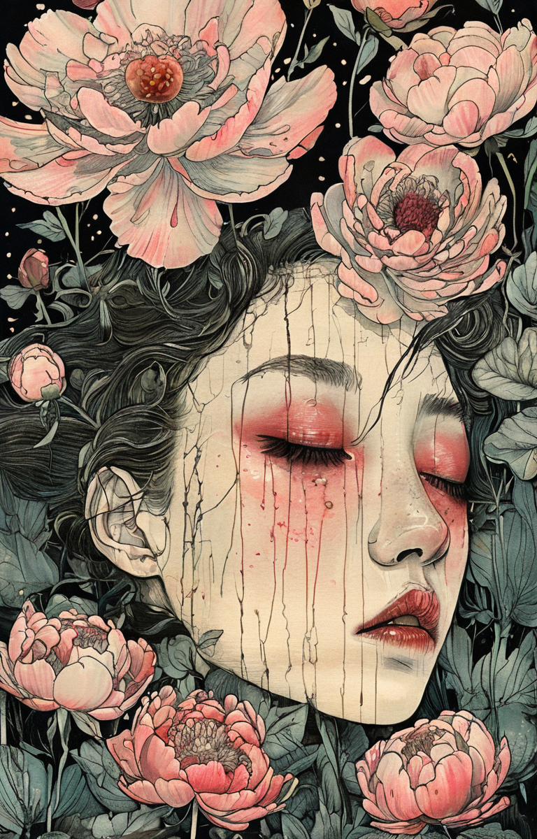 masterpiece,best quality,<lora:tbh204-sdxl:0.9>,illustration,style of Yuko Shimizu decaying peonies