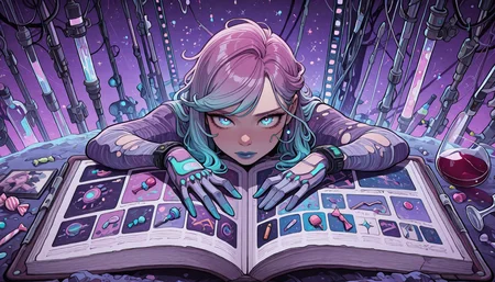 lavender and ivory color background, glowing rim light, (contrast shadows), close-up, tilted frame, candy-tone color palette, scanlines, torn-film strip, saturate watercolor, 1girl, solo, young woman, velvet wine colored lipstick, side-swept bangs hairstyle, muted neon gradient hair color, hair with micro bangs, alien ruin excavation tent on an icy dwarf planet, flipping through an old photo album under flickering lights