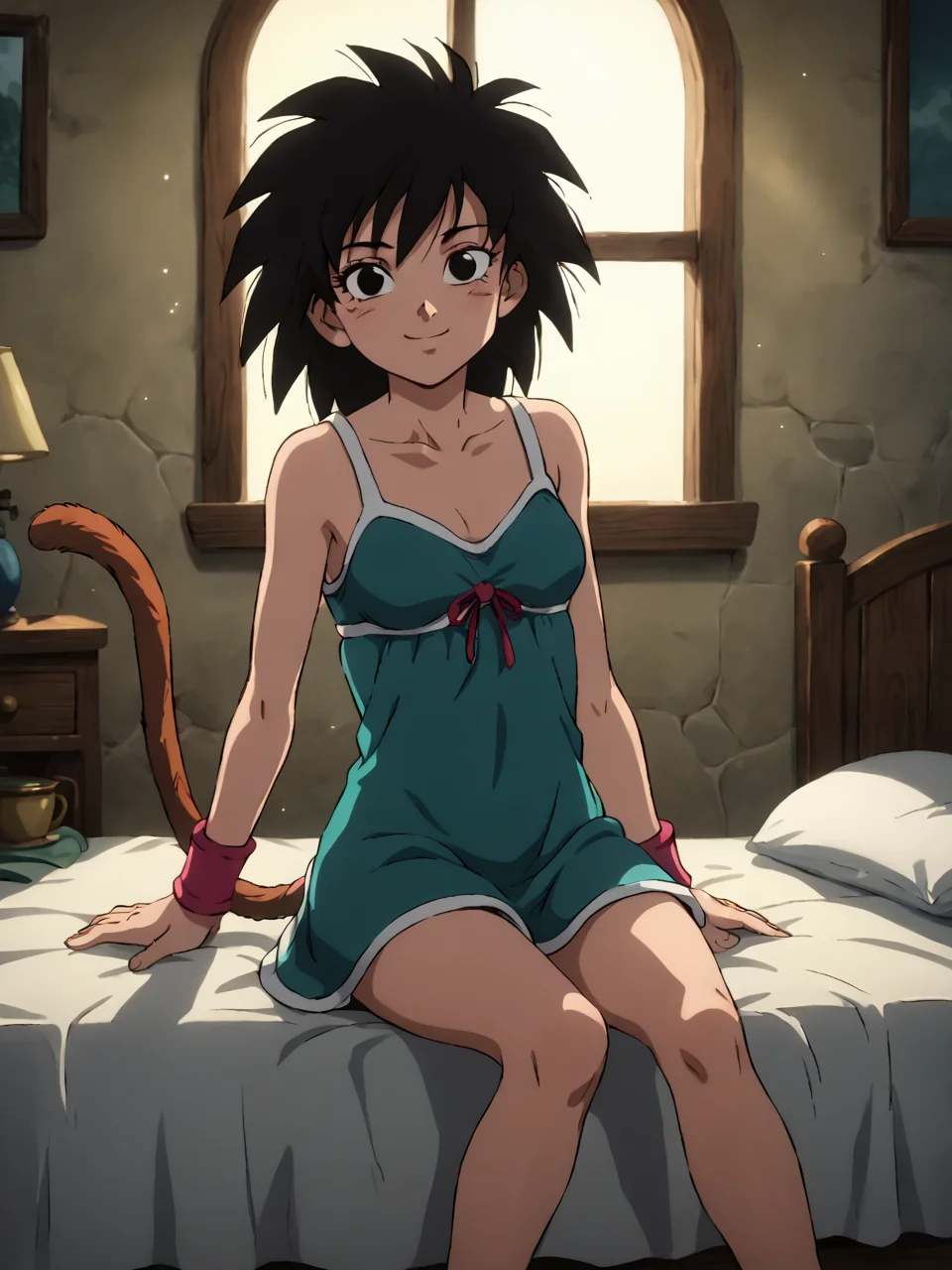 score_9, score_8_up, score_7_up, BREAK, G1n3, 1girl, solo, black hair, black eyes, spiked hair, wristband, monkey tail, 1girl, sitting, bed, bedroom, morning light, soft shadows, negligee, relaxed pose, cozy, backlight, dreamy mood, window light, casual, intimate atmosphere, smile, looking at viewer <lora:Gine_P:0.8>