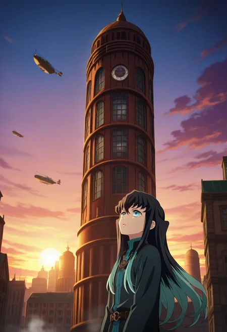 masterpiece, best quality, , anime screencap, anime coloring, official style, , , 1boy, solo, male focus, <lora:muichirou_tokitou_ilxl:0.94>, muichirou_tokitou, black hair, aqua eyes, long hair, bangs, hair between eyes, sidelocks, multicolored hair, two-tone hair, gradient hair, aqua hair, steampunk city, brass towers, steam vents, airships, looking up, wide shot, awestruck expression, sunset,