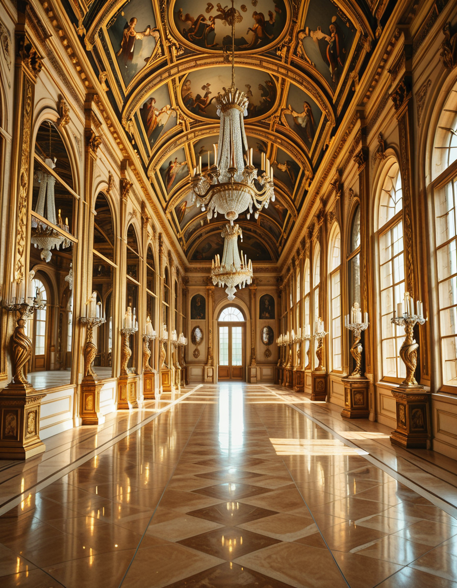 A breathtaking, photorealistic depiction of the Hall of Mirrors (Galerie des Glaces) at the Palace of Versailles in France, captured in golden afternoon light. The hall is grand and opulent, with a high arched ceiling painted with intricate Baroque frescoes. The walls are lined with tall arched mirrors on one side and large arched windows on the opposite side, flooding the space with natural light. Elegant crystal chandeliers hang from the ceiling, reflecting in the mirrors and sparkling with golden highlights. The marble floors are polished and gleaming, with rich, warm tones. Gilded statues and decorative elements frame the mirrors and doorways. The image style is ultra-detailed and photorealistic, with sharp textures and soft, warm lighting creating a majestic, timeless atmosphere. No people present, only the serene magnificence of the empty hall. Camera angle at eye level, centered down the hall, capturing the full length and symmetry of the space.
<lora:SDXLFaeTastic2400:0.4> <lora:extremely_detailed:0.4> extremely detailed,Hall of M1rr0rs, <lora:Hall_of_M1rr0rs-i:1>, Masterpiece,best quality,hi res,8k,hi res,8k,award winning,(sharp focus, intricate, highly detailed),