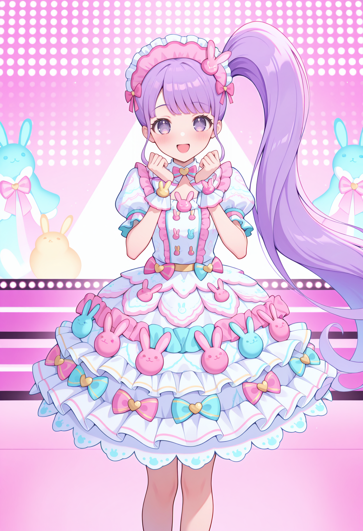 highres, best quality, masterpiece, stage, colorful,
1girl, solo, pparanon, purple hair, side ponytail, very long hair, purple eyes,
pnonbny, pink headdress, frilled headwear, white dress, multicolored dress, pink bow, multicolored bow, puffy short sleeves, layered dress, print dress, dress bow, rabbit ornament, wrist cuffs,
looking at viewer, blush, smile,
standing, hands up, open mouth, 
<lora:_non_manaka-elesico-ilxl-13:1>