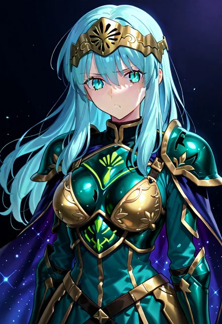 score_9, score_8_up, score_7_up, ((solo)), calm, pout, closed mouth, 1girl, solo, (medium breasts, thin waist, wide hips), peaceful, closed mouth, adult, (((eirika face))), (((cyan hair, cyan eyes))), ((long hair, hair between eyes)), (((indigo cape, metal headband, green metal_uniform, metal breast_armor))), no background, dark background, cowboy shot, dark background, portrait, Expressiveh,