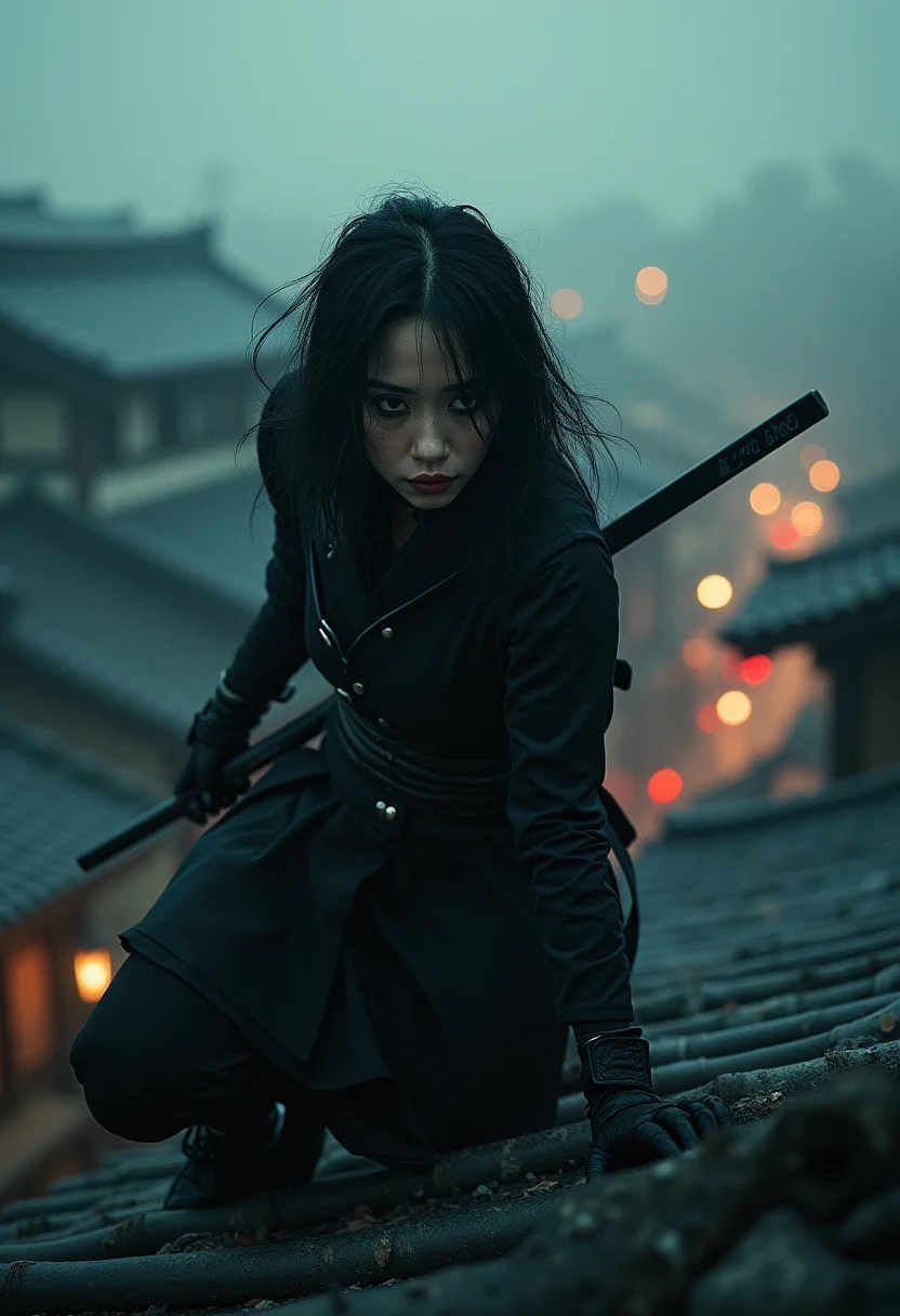 Detailed, masterpiece, professional, bold colors, awe inspiring, photography inspired by Jeremy Mann, 30mm shot, action scene, HDR, female ninja sneaking on rooftops of a feudal Japanese village, spooky atmosphere, dark makeup, stealthy