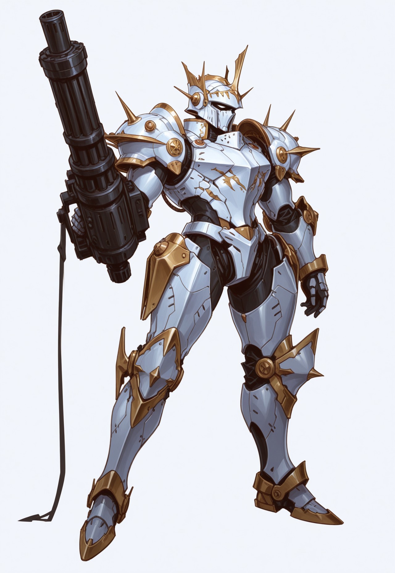 ww1era, victorianera, 18cera, alone, solo, full detail, full body,  simple background, white background, no background, retro style, 1man, battle armor, mechanical armor, battle armor helmet, ww1 facemask,  bulky armor, strong armor, iron armor, white details, tinted black iron, standing pose, gattling gun, minigun,
<lora:RavenScript :1>