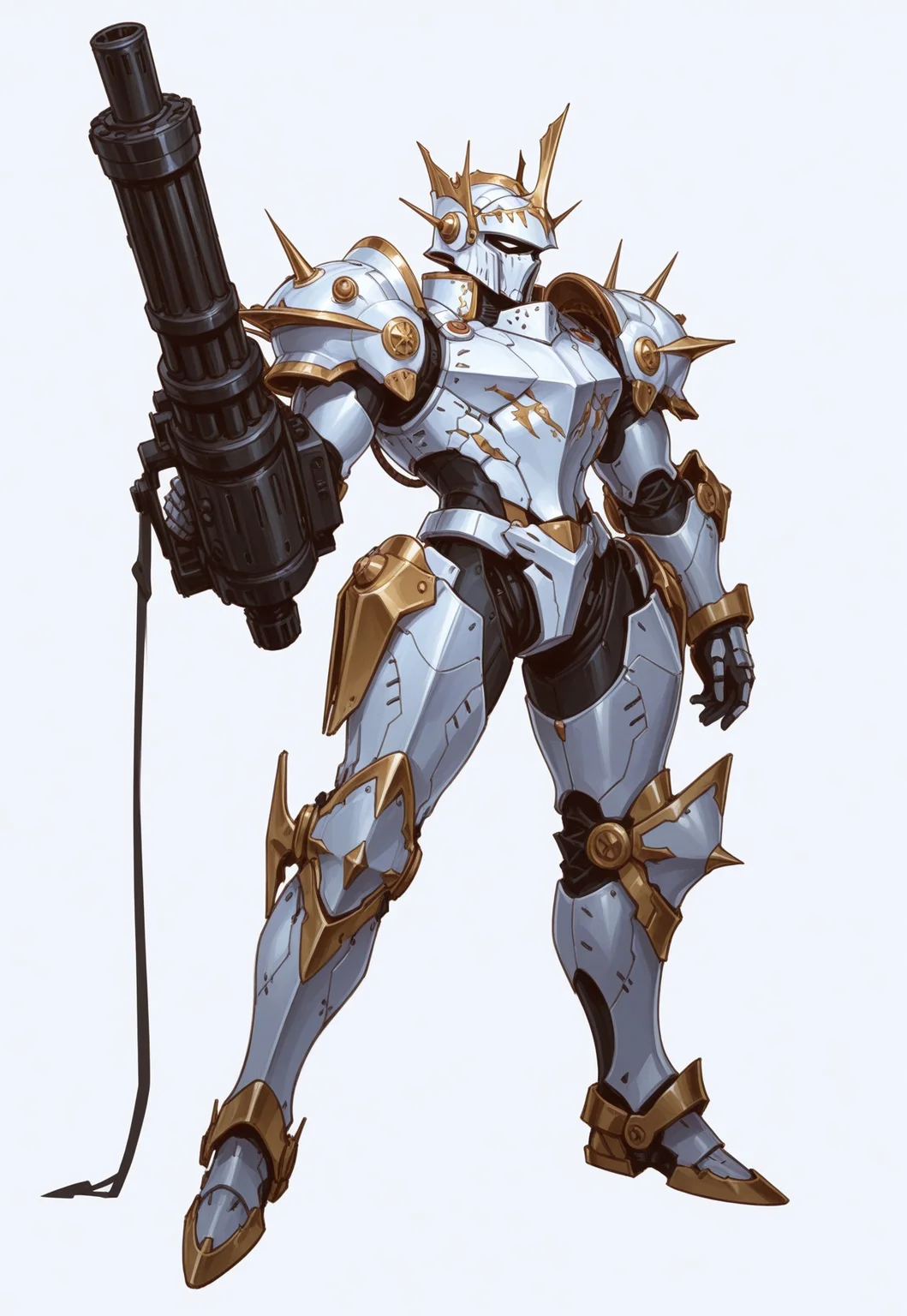 ww1era, victorianera, 18cera, alone, solo, full detail, full body, simple background, white background, no background, retro style, 1man, battle armor, mechanical armor, battle armor helmet, ww1 facemask, bulky armor, strong armor, iron armor, white details, tinted black iron, standing pose, gattling gun, minigun,
<lora:RavenScript :1>