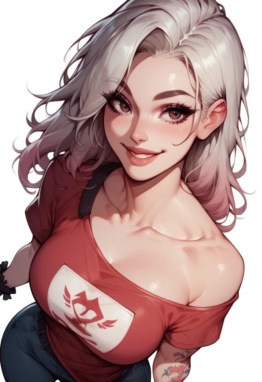 score_9, score_8_up, score_7_up, score_6_up, 1girl, Laura, LauraRH, shoulders length hair, straight hair, platinum hair, (pink) gradient hair, dark eyes, cute face, meduum breasts, curvy, large hips, pale skin, red t-shirt, denim lants, posing, pinup pose, white background, aesthetic, high angle view, standing up, face closeup, little wrist tattoo, dutch angle, smiling
