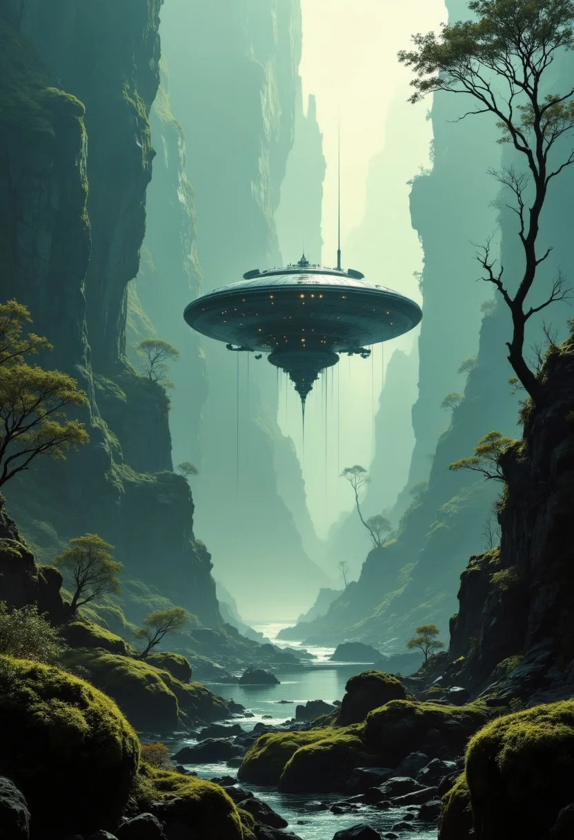 cinematic film still of a spaceship arriving a futuristic spaceport in a planet full of nature, cyberpunk, vignette, highly detailed, high budget hollywood movie, bokeh, cinemascope, moody, epic, gorgeous, film grain, grainy, aidmafluxpro1.1