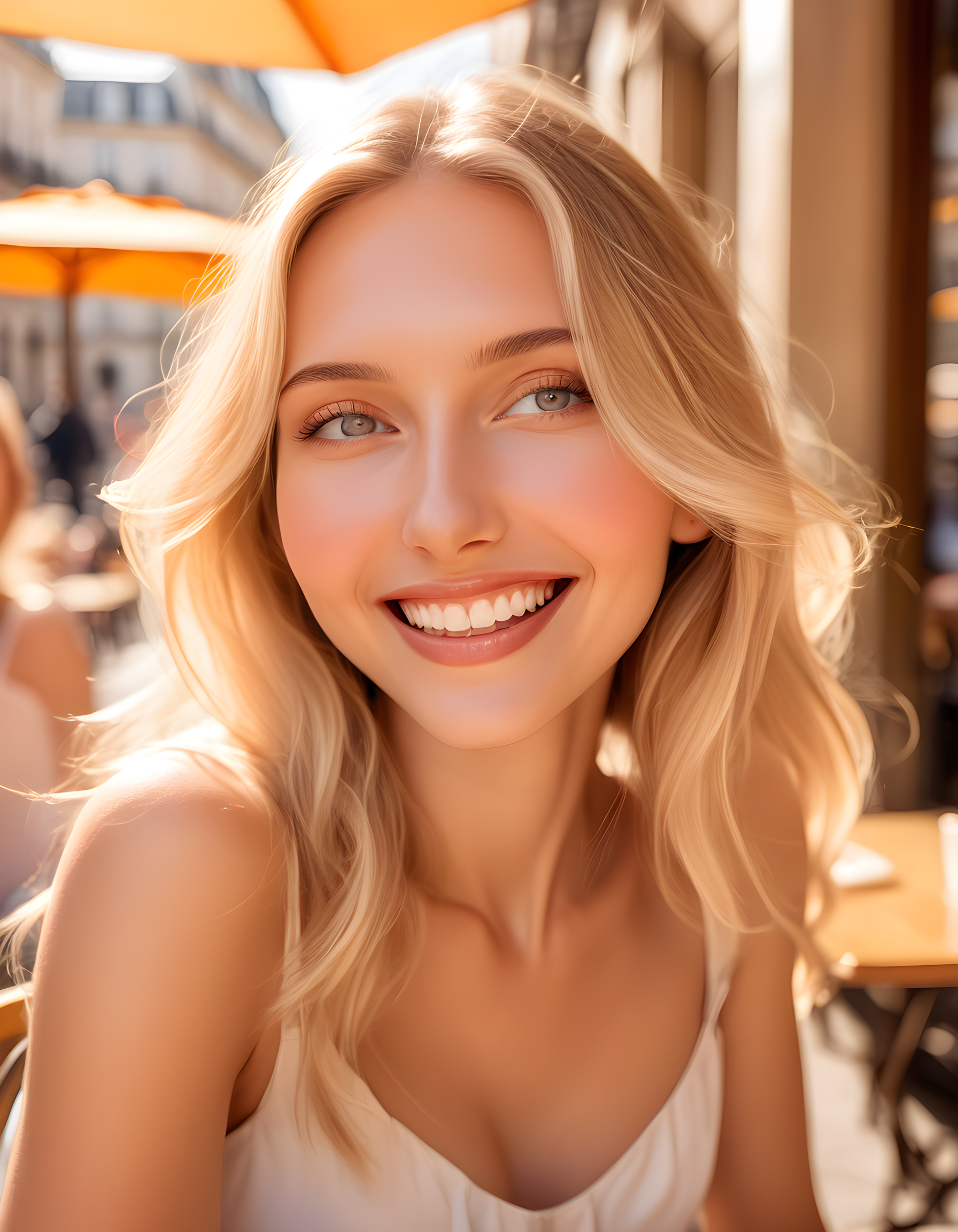 In a bustling, sun-drenched Parisian café, Kemkin _ a radiant woman with long, golden locks cascading down her shoulders _ is seated at an outdoor table. Her expressive eyes sparkle as they lock onto the viewer's gaze, revealing a warm and inviting smile, displaying pearly white teeth. The camera captures a close-up of her face, focusing on the delicate contours of her cheekbones and the soft curves of her lips. The vibrant café background is a blur of pastel colors and lively chatter, while the bright sunlight casts a warm, golden glow upon her visage, illuminating her natural beauty.