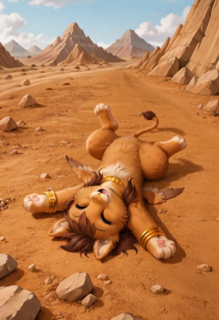 full body, ((solo)), furry, fluffy, fluffy fur, perfect eyes, zPDXL3, ((action_pose:1.5)), sfw,
cute female furry feral chibi m4gp1e, sleeping, (lying on back):1.5, books, open mouth, fang, drooling, closed eyes, rocks, source_furry, m4gp1e, sphinx, feral, jewelry, bracelets, wings,
(((outside desert mountain))),
(high detailed face), (high art quality), (high detailed), 4k, (high resolution), (8k resolution), masterpiece, best quality, ((scenery)), detailed background