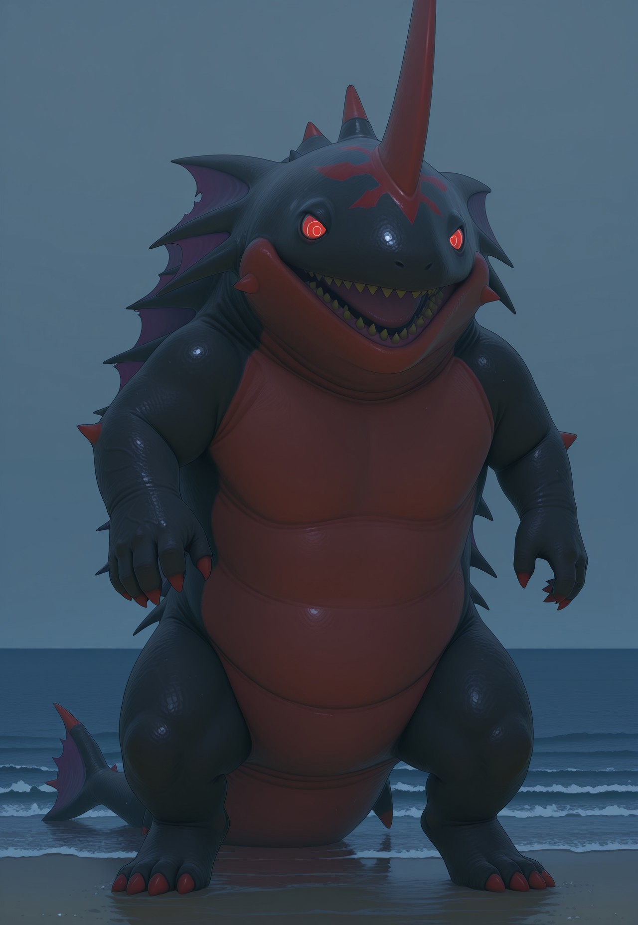 2d, Solo, male, cetacean, esca, marine, Alizarin, Monster, red skin, black skin, two tone skin, red eyes, single horn, red horn, spikes, red claws, toe claws, sharp teeth, tail spikes, membranous frill, tail, best quality, amazing quality, very aesthetic, absurdres, newest

BREAK outside, seashore, standing, full body, looking at viewer,  