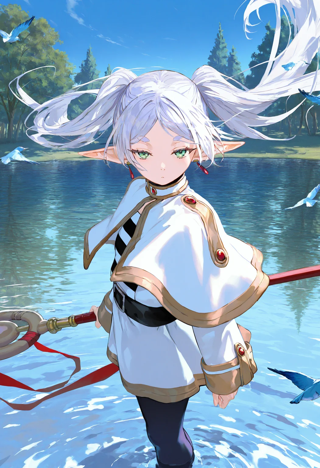 by [lack|fuzichoco|lam|kinta \(distortion\)|wlop|quasarcake|nixeu|happoubi jin|miyajima reiji],
1girl, frieren, solo, green eyes, staff, outdoors, elf, tree, long hair, white capelet, twintails, pointy ears, pantyhose,close-up, colored eyelashes, tree shade, dappled sunlight, looking at viewer, cryokinesis, lake, water, wet, floating hair, hips in air, reflection, reflective water, blue theme, blue bird, nature, scenery,
half-closed eyes, long eyelashes,
masterpiece, best quality, very aesthetic, absurdres
<lora:illustrious_all_rated_v1:1>
