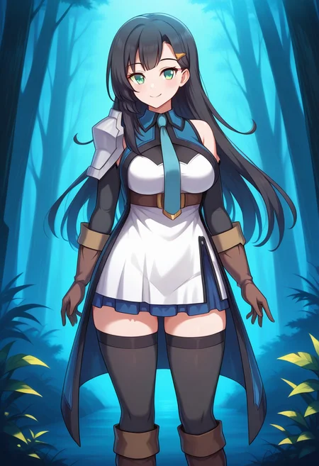 1girl, Lia-Liver020-Wattpad, solo, black hair, long hair, blue tie, necktie, detached sleeves, bangs, green eyes, brown gloves, bare shoulder, brown boots, hair ornament, ornaments, shoulder pad, black stockings, long stockings, white dress, brown belt, blue tunic, blue skirt, thighs, large breasts, milf, cute smile,