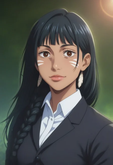 score_9, score_8_up, score_7_up, source_anime, intricate details, anime screencap, perfect balance, official art, extremely detailed CG unity 8k wallpaper, perfect lighting, Colorful, Warm_Front_face_Lighting, (masterpiece:1.0),(best_quality:1.0), ultra high res,4K,ultra-detailed, photography, 8K, HDR, highres, absurdres:1.2, Kodak portra 400, blurry background, bokeh, lens flare, (Anime) (vibrant_color:1.2), professional photograph, night, (cute_face:1.2), 2d, anime, upper body, intricate iris, American, Professional character design, 1girl, female focus, (Brown eyes), perfect eyes, (black-hair), Native American, Indigenous, American Indian, youthful, solo, jujutsu_kaisen_style, character portrait, (perfect-lighting), face, young, (Dark-black-hair), Long hair, (Native American), Indigenous, American Indian, (((wild eyes))), (Native North American), (Upturned eyes), (high cheekbones), (strong jawline), (Black Hair), (Black Cowboy Jacket), (((wild eyes))) ((Bobbed Bangs)) (((Slanted-Eyes))) (Psycho) (Happy) (Friendly) (Goofy) (Dark Black Jacket) (White Dress Shirt), (Redwood Forest, Pacific Northwest Forests), (Inuit), Inuit Braids, (Tan skin), (Dark Skin), (Brown skin), (bobbed hair), White Eagle-Feather-Earrings, Thick Bangs, Bobbed hair, Bob-cut, White-Feather-Earrings, Brown-skin, Full-Bangs, Wide-Bangs, Thick-Hair, Black Suit & Tie, Mullet, Blue-Facepaint