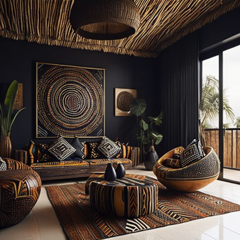 <lyco:African_style_interior_design_Sa_May:1.0> :African style interior design,  hyper realistic songhai decor living room