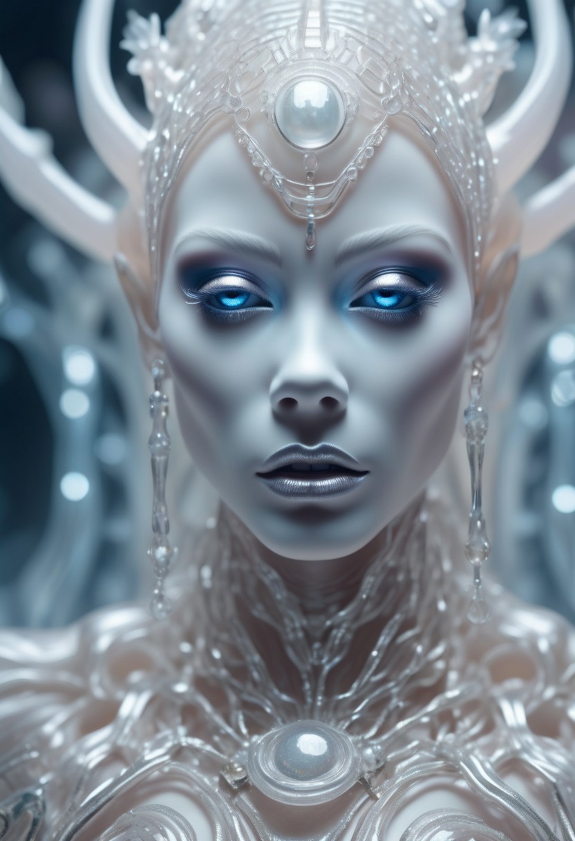 Real sharp photo, A beautiful milky skinned glass humanoid with ghostly white heavy makeup, hair ornament, glowing eyes, intricate details, small mouth, translucent glass outfit, blurry spaceship background, sweet color tones, soft, dreamlike, surrealism, intricate details, Masterpiece of the best quality, high resolution, 8k.