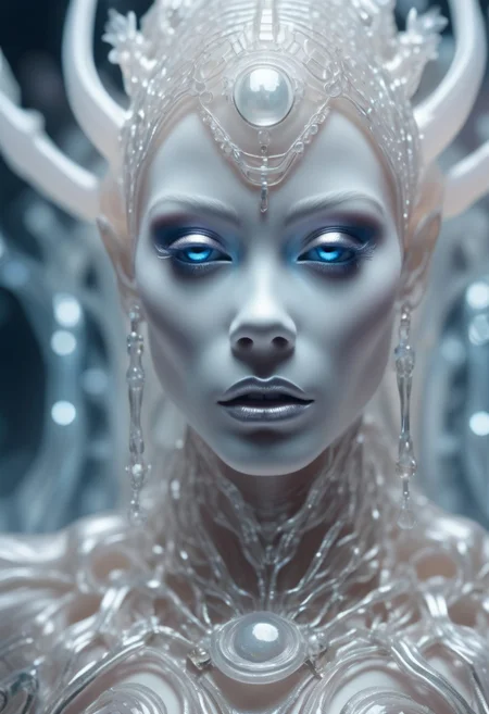 Real sharp photo, A beautiful milky skinned glass humanoid with ghostly white heavy makeup, hair ornament, glowing eyes, intricate details, small mouth, translucent glass outfit, blurry spaceship background, sweet color tones, soft, dreamlike, surrealism, intricate details, Masterpiece of the best quality, high resolution, 8k.