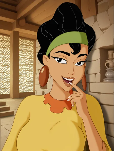 , solo, ultra high quality,ultra high resolution,full body, seductive, very realistic,(extremely detailed), detailed background,,(masterpiece, best quality, high quality, highres, ultra-detailed),<lora:Chicha_The_Emperors_New_Groove pony:0.8> an image of chicha, black hair, high hair, one tuft sticks on her forehead, large round copper earrings, long eyelashes, slim, green hairband, thick lips, black eyes, milf, olive skin, huge breasts upper body focus,ultra high detailed face,high detailed cloth,inside,perfect eyes,perfect face, Yellow dress, High mountain peaks, terraced fields, stone pathways, ancient Incan architecture, llamas grazing, clear blue sky, puffy white clouds,  rugged terrain, small Incan villages, traditional straw-roofed houses, peaceful and serene atmosphere,seductive eyes,resting against a wall,sucking on finger,seductive face,sucking eroticly on finger,dress,finger deep in mouth,open mouth,(finger in mouth:1.2),playful expression,high detailed hands,perfect mouth,one arm extended,perfect teeth,,perfect fingernails, french tip fingernails,withie nail tips,smile,flirty,flirting smile,high detailed finger,bedroom eyes,loving gaze,smokey eyes,perfect white nails,