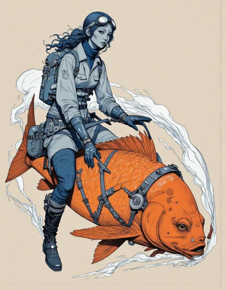 Art by Paco Gimenez. A stylized illustration of a girl in a steampunk-inspired outfit riding on the back of a large, orange fish. the girl has a slender physique, long hair, and is wearing goggles. she is positioned in the middle of the image, with her upper body facing the viewer. the fish is wearing a jacket, gloves, and boots, and has a backpack strapped to its back. the background is a plain, light beige color, and the illustration is done in a blue and white color scheme, with intricate details and shading that give it a unique and stylized look.