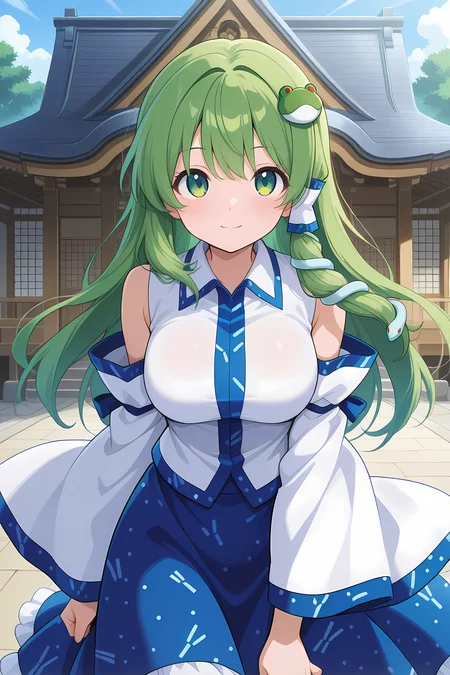 absurdres, highres, masterpiece, best quality, amazing quality, official anime artwork, screencap, anime screencap, outdoors, looking at viewer, light smile, moriya shrine, day,
<lora:Sanae-Kochiya_Illustrious:1> kochiya sanae, 1girl, solo, green hair, long hair, green eyes,, frog hair ornament, hair tubes, snake hair ornament, collared shirt, white shirt, detached sleeves, wide sleeves, blue skirt, frilled skirt, dynamic pose,