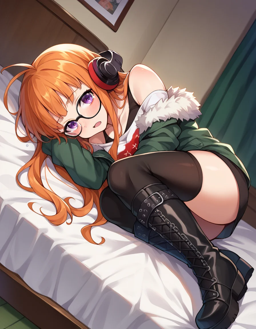 score_9, score_8_up, score_7_up, source_anime,
futabasakura, <lora:futaba-sakura-ponyxl-lora-nochekaiser:1>,
futaba sakura, orange hair, long hair, purple eyes, ahoge,
behind-the-head headphones, glasses, belt boots, black footwear, black thighhighs, cross-laced footwear, fur trim, fur-trimmed jacket, green jacket, headphones, jacket, knee boots, lace-up boots, off shoulder, off-shoulder shirt, shirt, t-shirt, thighhighs, thighhighs under boots,
indoors, bed, bed room, on side, blush, drunk,
looking at viewer, cowboy shot, dutch angle,