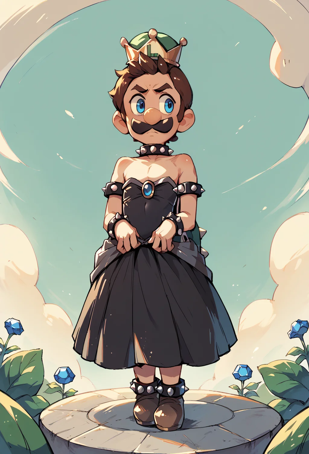 score_9, score_8_up, score_7_up, <lora:Luigi_XLPD:1> , Incrsluigi, luigi, brown hair, mustache, round nose, young, <lora:bowsette_dress-PD-1.0:0.7> , bowsette dress, black dress, crossdressing, blue jewel, turtleshell, crown,, score_9, score_8_up, score_7_up,