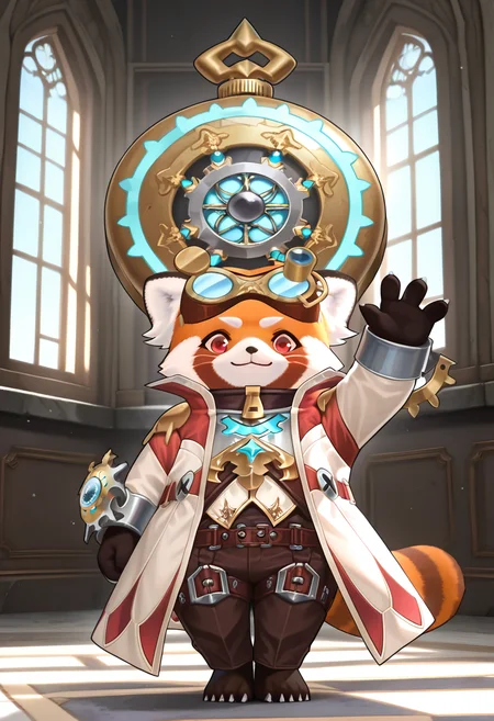 masterpiece, best quality, KROddy, furry male, goggles on head, 1boy, male focus, solo, whiskers, red eyes, brown pants, coat, white coat, collar, claws, orange fur, belt, brown fur, white fur, high collar, red Panda boy, bare foot, breastplate, wrist weapon,chibi, looking at viewer,standing,KROddy_watch,watch,smile,full body,(floating gigantic watch:1.3),arm up,indoor,window,day
