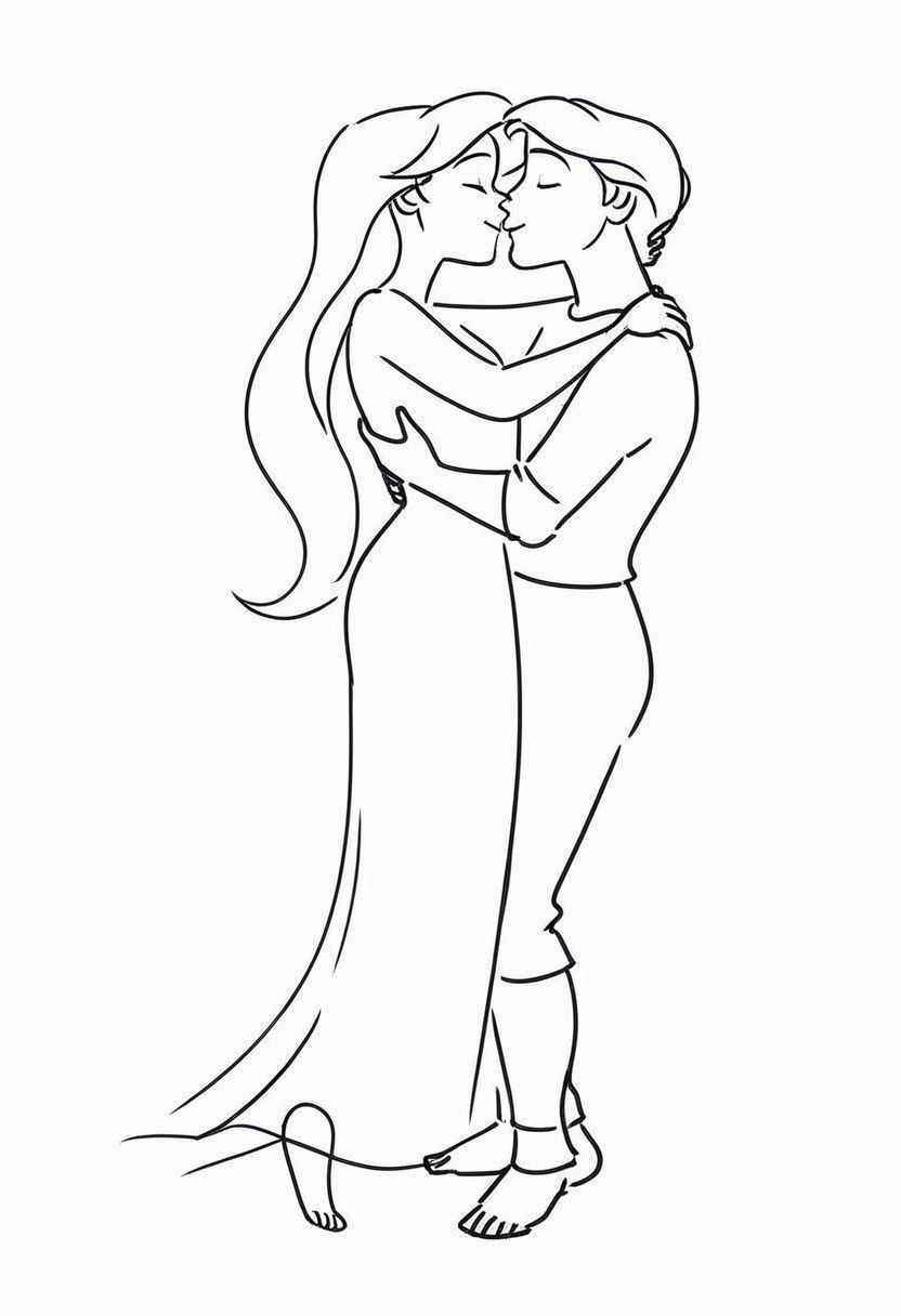 1girl, 1man, romance, full body, Ariel on tip toes kissing PrinceEric,, 2 angles, face and side, dynamic portrait sketch, smile,
 Minimalism, Greyscale, Stylized
