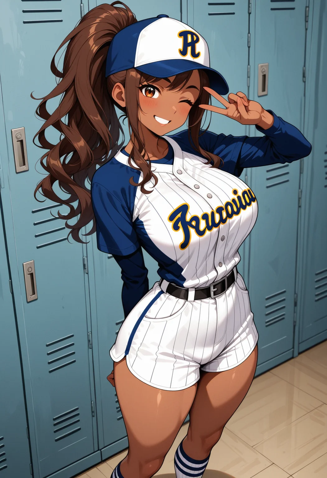 <lora:dmd2_sdxl_4step:1>, 1girl, brown eyes, brown hair, long hair, wavy hair, ponytail, large breasts, narrow waist, wide hips, slim, (brown skin:1.2),
baseball cap, striped baseball uniform, belt, striped short pants, long socks, white socks, 
standing, v, 
blush, smile, one eye closed, 
baseball locker room, cowboy shot,
general, masterpiece, best quality, anime coloring,