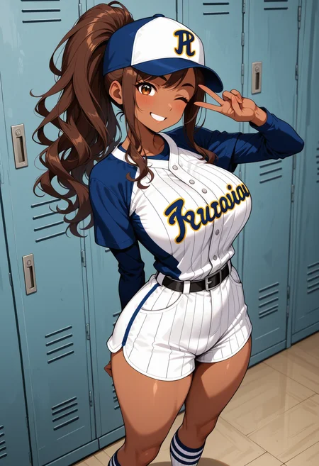 <lora:dmd2_sdxl_4step:1>, 1girl, brown eyes, brown hair, long hair, wavy hair, ponytail, large breasts, narrow waist, wide hips, slim, (brown skin:1.2),
baseball cap, striped baseball uniform, belt, striped short pants, long socks, white socks, 
standing, v, 
blush, smile, one eye closed, 
baseball locker room, cowboy shot,
general, masterpiece, best quality, anime coloring,