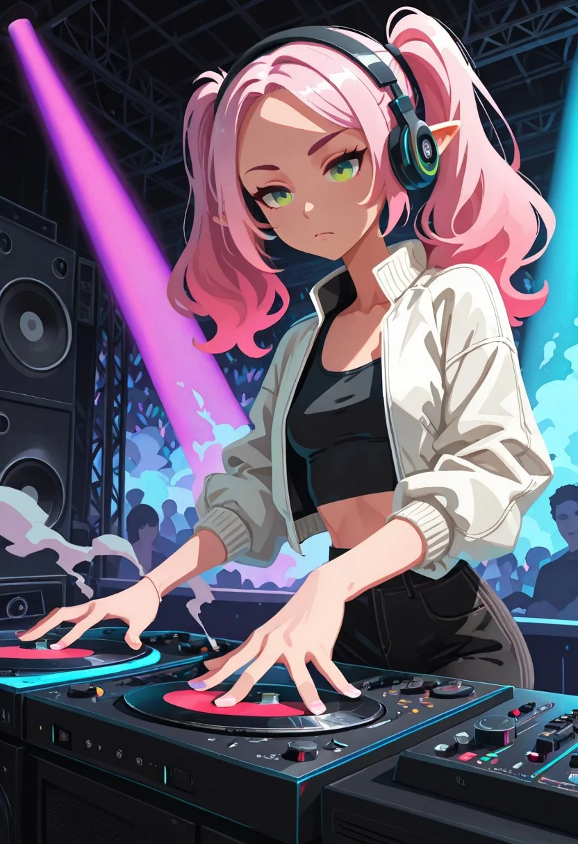 solo, elf girl, skinny, long pink hair, twintails, green eyes, small breasts, black tank top, white puff jacket, headphones, concentrating, turntable, speakers, colorful light show, smoke, sound equipment, dj, rave, indoors, crowd in background, t4kar4i_illu, no_outlines, no lineart, masterpiece, best quality, absurdres,