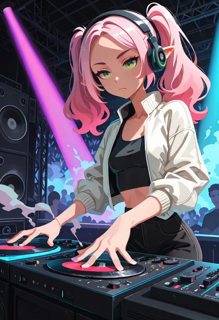 solo, elf girl, skinny, long pink hair, twintails, green eyes, small breasts, black tank top, white puff jacket, headphones, concentrating, turntable, speakers, colorful light show, smoke, sound equipment, dj, rave, indoors, crowd in background, t4kar4i_illu, no_outlines, no lineart, masterpiece, best quality, absurdres,
