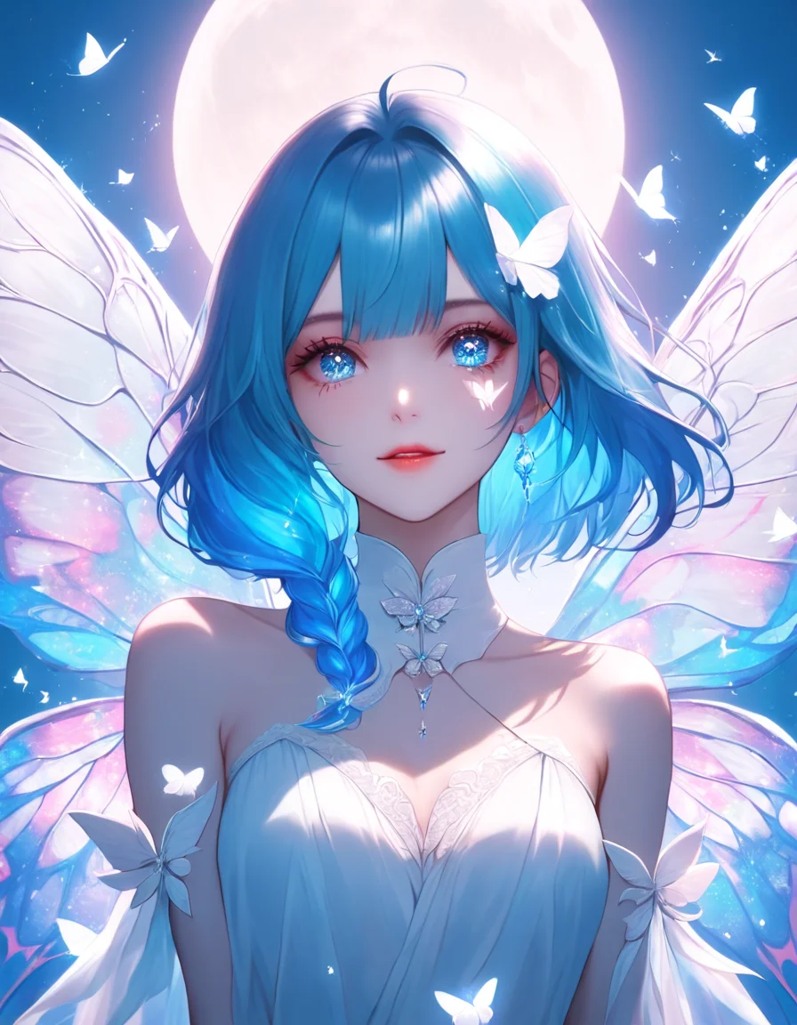 fantastical, ethereal aesthetic,1girl with blue hair and white butterfly wings, sparkling and surrounded by butterflies
 <lora:fea_xl_v2:0.85>