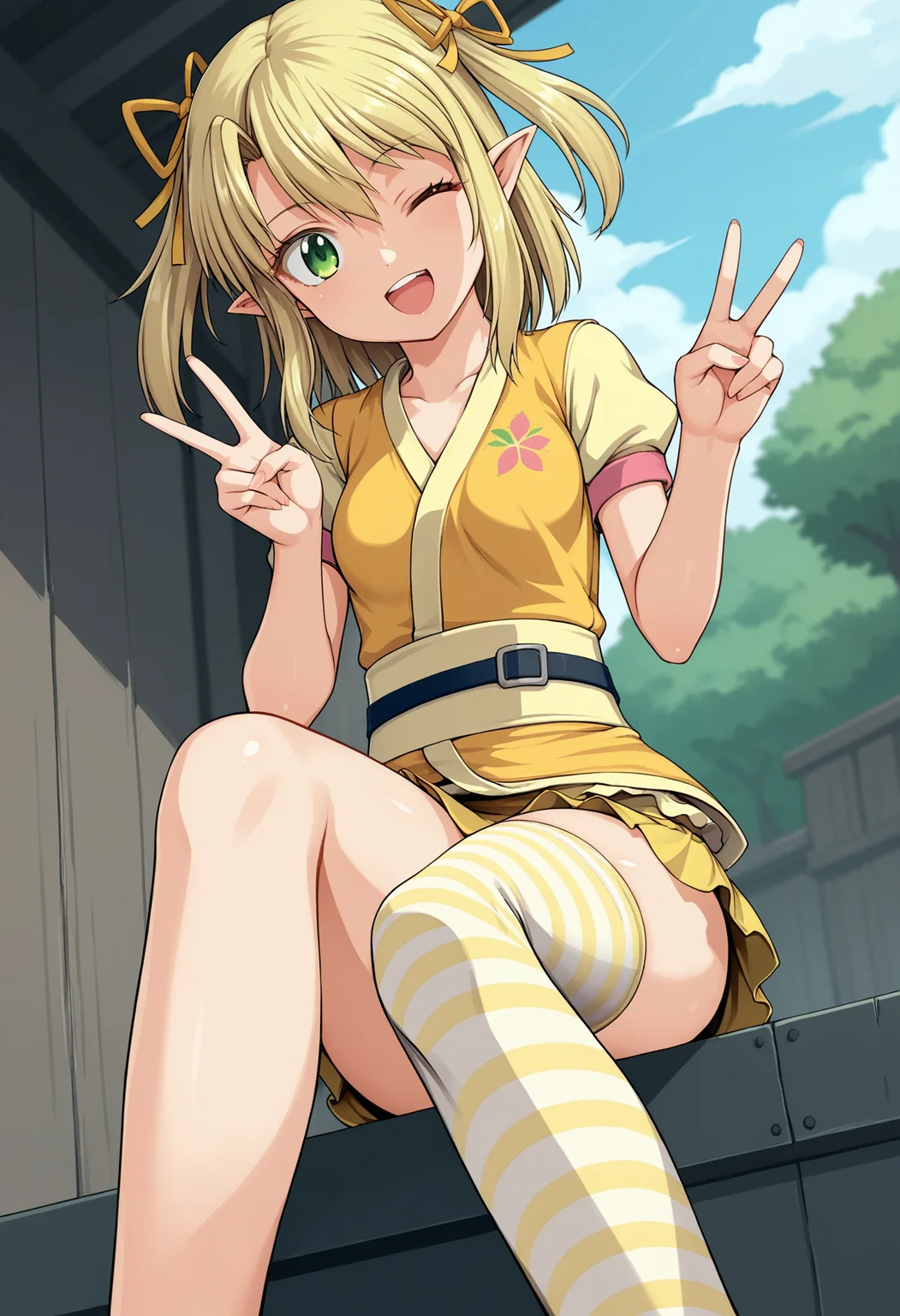 score_9, score_8_up, score_7_up,source_anime,anatomically correct,best perspective BREAK
1girl, <lora:Arisugawa Kinako-ææ å· é»èå:1> arisugawa kinako\(samurai vandalism)\, blonde hair, green eyes, hair ribbon, ribbon, twintails, pointy ears, skirt, ((single thighhigh)), yellow clothes, v over eye, wink, upper teeth only,