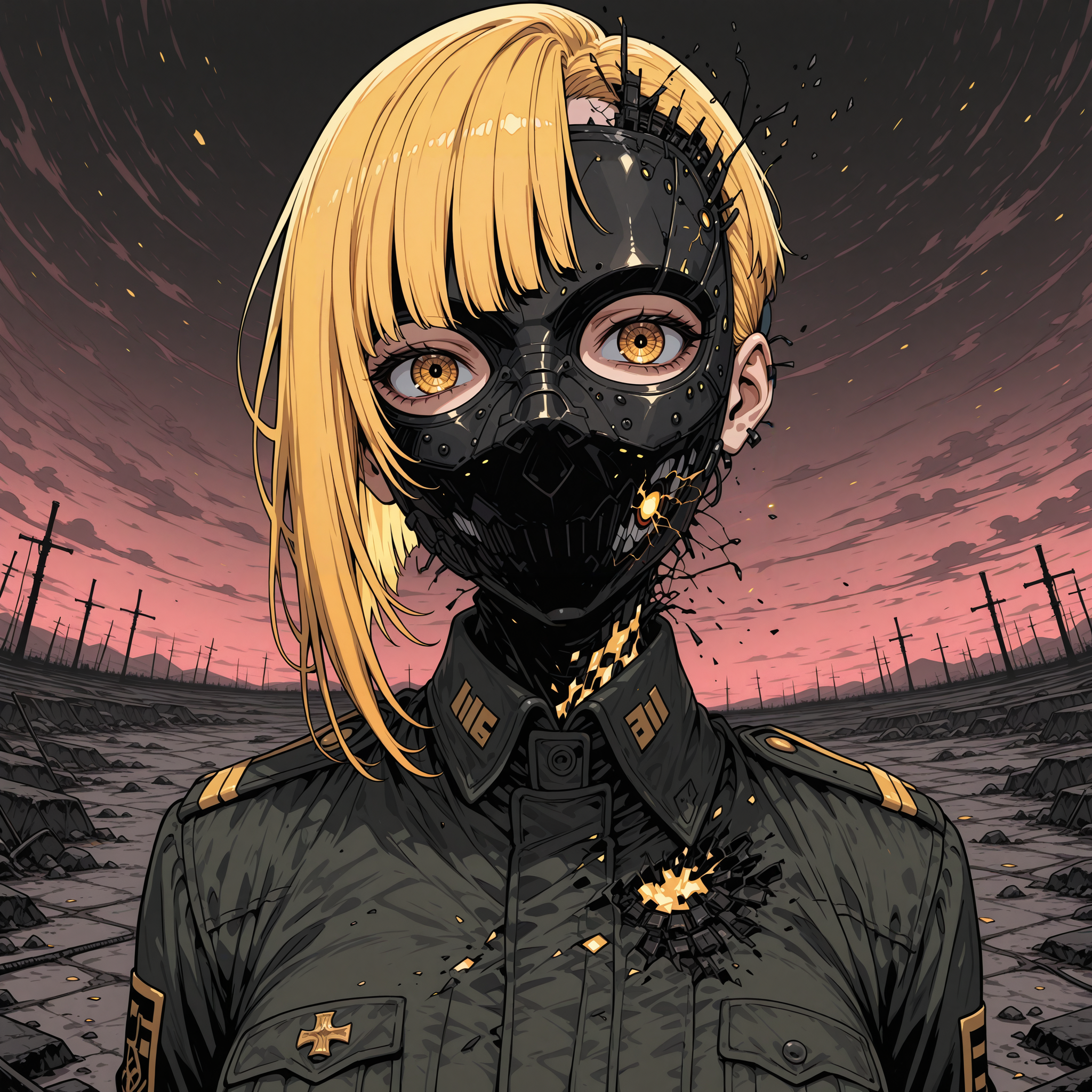 Sinozick_illu,gradient,spot color, smooth quality, masterpiece, best quality, good quality, newest, highres, absurdres, fisheye, battlefield, circuits, 8k, red palette, 1girl, military uniform, Canary yellow hair, Asymmetrical haircut, pink, glitch_pupils, looking at viewer, (disintegration effect:1.5) dynamic pose, ambient occlusion, digital art, masked transparent flat background <lora:add-detail-xl:2>  <lora:Sinozick_style:0.8>