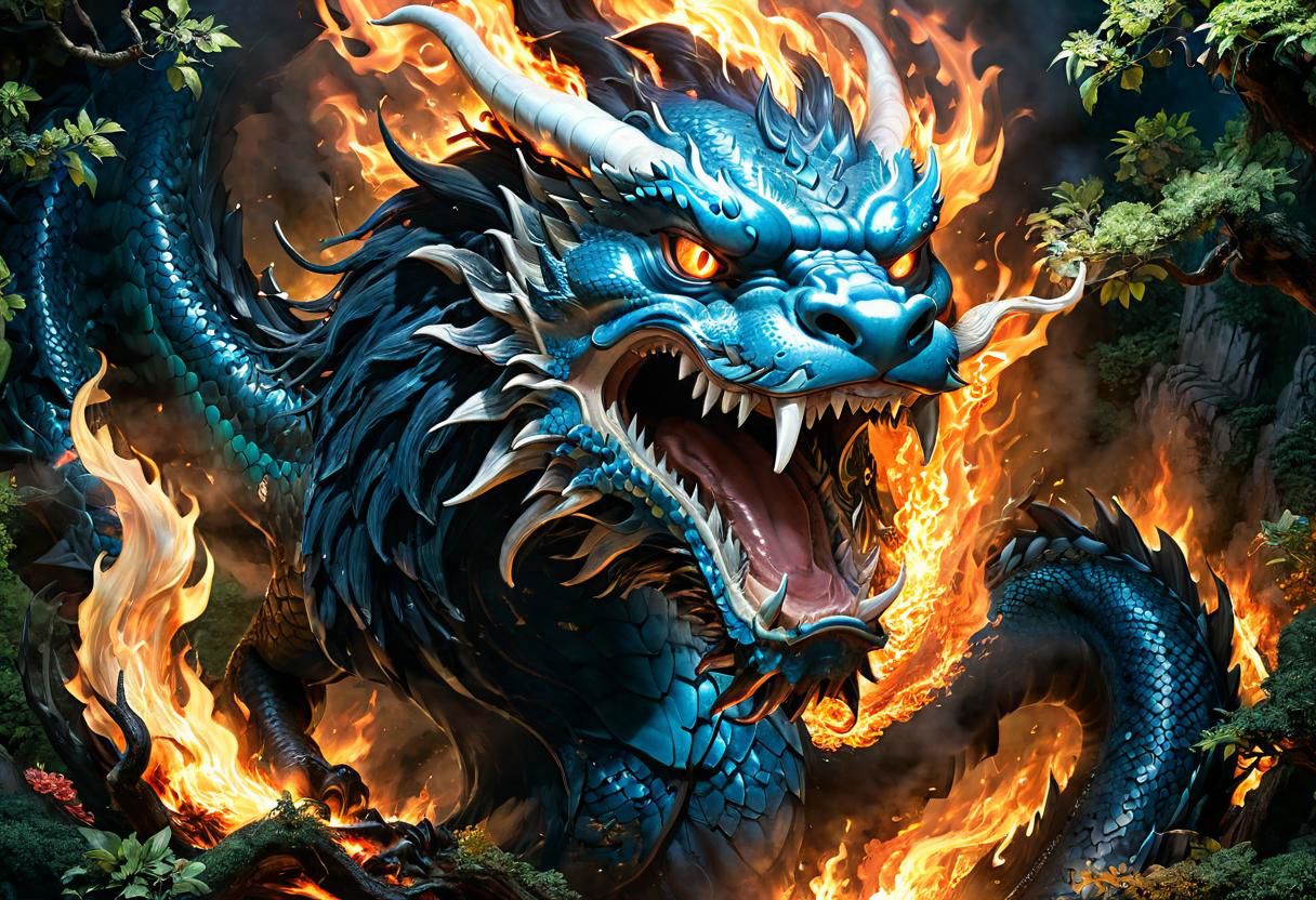 a hiding and grumpy acient chinese dagon concealed by trees, shrubs is peeking out and blowing fire at the viewer, fire underneath dragons scales, the fire burns very intensly lighting up the trees as the dragon breathes fire from its mouth, high up in the Tibetan mountains, blue scales highly detailed, and large white pointy teeth, (large blue and black wing span), and body wraps around all the trees, (in the background in the mountains is a Tibetan monasteries with monks in in orange gowns, uhd, 8k, intense lighting, award winning masterpiece, extremely detailed, detailed background, cinematic, complex and multidimensional lighting,