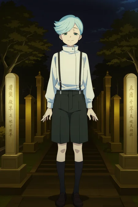 anime screencap, anime coloring, detailed face, masterpiece, best quality, very aesthetic, absurdres,, volumetric lighting, official style, amazing quality, ultra detailed, highres, amazing quality, scenery, beautiful detailed hair, beautiful detailed eyes, (defined fingers, five fingers),
outside, night, at a graveyard,
<lora:Mei_Mei_and_Ui_Ui_Jujutsu_Kaisen:1>
Ui Ui (character), 1boy, solo, blue hair, short hair, green eyes, suspenders, full body, shorts, suspender shorts, socks, looking at the viewer, smile