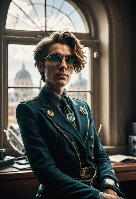 sfw, score_9, score_8_up, score_7_up, cinematic photo, dramatic lighting, dynamic pose, portrait, androgynous cybermutant aristocrat with glasses and mussed hair, earth in the window