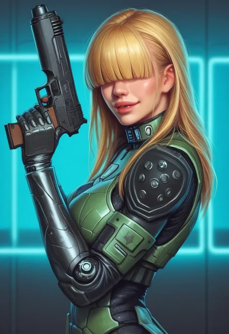 1girl, ((side view))), looking at viewer, highly detailed, from front, 1girl, skinny, looking at viewer, masterpiece, best quality,
raw, extremely detailed, hyperrealism, photo, perfect anatomy, <lora:grewishka_alita_pxl:1> source_photo, source_real, robot, cyborg, android, solo, looking at viewer, 1girl, full body, ((special force camo armor)), high heels, neon_lights, dynamic pose, pistols in hands
BREAK
fang smile, looking at viewer, long hair, ((blonde highlighting hair)), (((hair over eyes, front bangs))), long hair, dynamic pose
best quality, depth of field, bokeh, (((full clothed))), ((special force camo armor)),
BREAK
((((big futuristic gun in hands)))), (big futuristic pistol in hands:1.3), sc-fi soldier, dynamic pose, military camo armor
(((((rooftop, night city, neon lights))))) score_9, score_8_up, score_7_up, score_6_up, source_cartoon, rating_explicit, Expressiveh, (((((upper body))))), dynamic pose