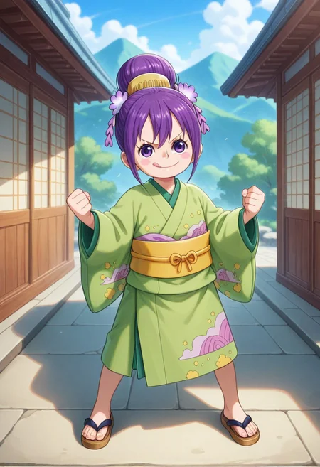 ultra-detailed, ultra-detailed background, ultra-detailed eyes, detailed limb, hair between eyes, outdoors, mountain, 1girl, <lora:Tama_Kurozumi_-_One_Piece__Illustrious:0.8>, child, purple hair, shimada hairstyle, hair bun, purple eyes, eyelashes, one piece wano style, hair ornaments, pink cheeks, green kimono, yellow sash, patched kimono, japanese sandals, loose clothes, fighting stance, detailed toes, v-shaped eyebrows, looking at viewer, licking lips, clenched hands, <lora:hand 5.5_903007:0.1>, well-defined fingers, ultra-detailed fingers, <lora:illustriousXL_stabilizer_v1.7_1135253:0.1>, <lora:spo_sdxl_10ep_4k-data_lora_webui_482964:1>, <lora:Hyper-SDXL-8steps-lora:0.5>, general, masterpiece, best quality, amazing quality, very aesthetic, absurdres,