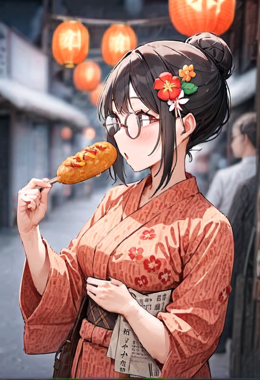 masterpiece, best quality, very aesthetic, absurdres,
1girl, solo, glasses, black hair, food, long hair, blush, holding, holding food, yukata, floral print, hair ornament, hair flower, hair bun, uchiwa, paper fan, blurry background, happy,
american_dog, ketchup, skewer,  summer, night, paper lantern,
<lora:american_dog_SDXL_V1:1>