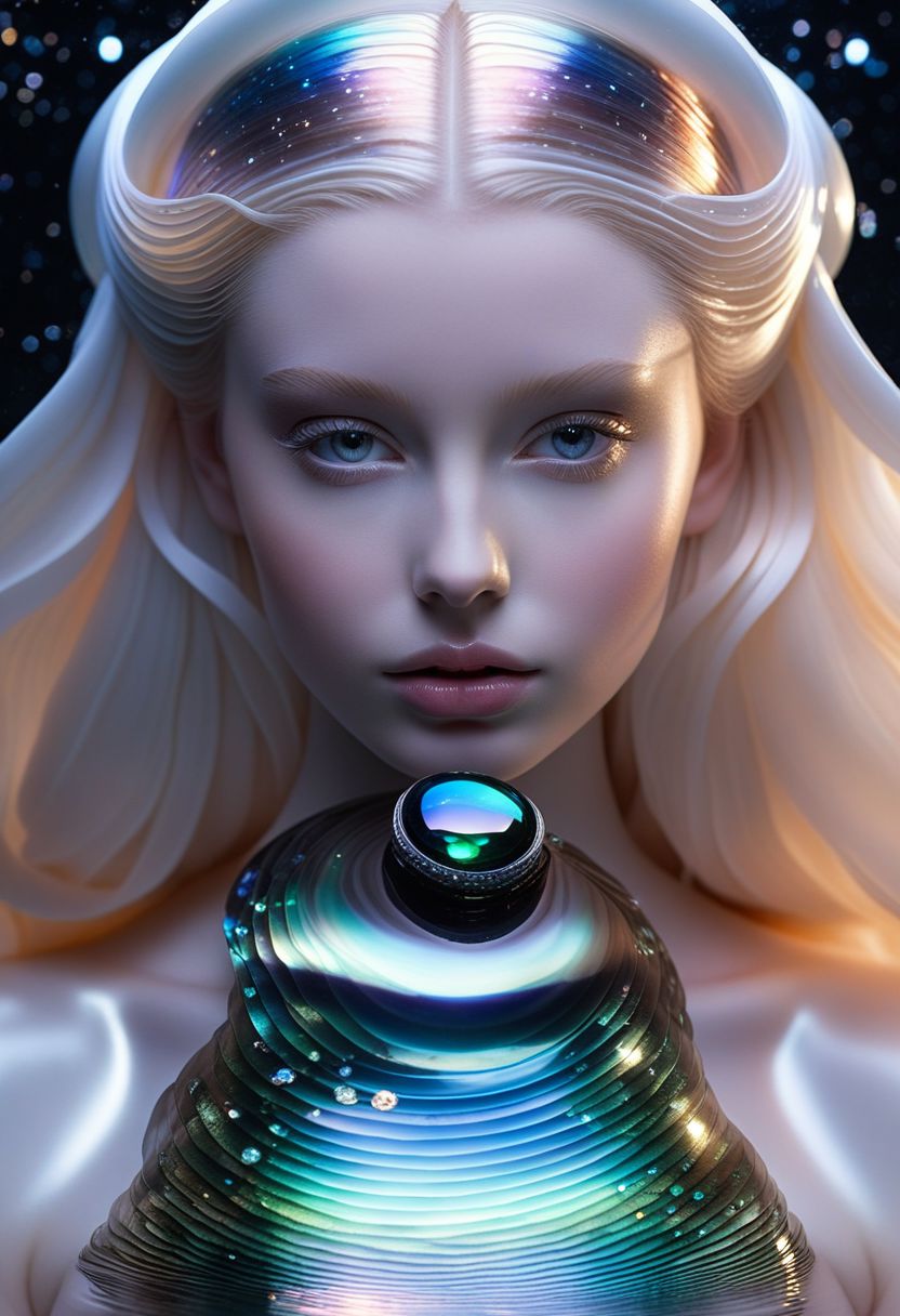 full body long shot, highest esthetic score, photo of a exquisitely beautiful pale skin  european 1girl, 20yo, modern implementation of sci-fi  "botichhelli The Birth of Venus" fantastic epic masterpiece, starlight falls on beautiful young face. Depth of field, insane details:1.4,  ultra detailed, absurdres, 1:280f Zeiss lens, long aperture, abalone shell, fiery opal, platinum, obsidian
